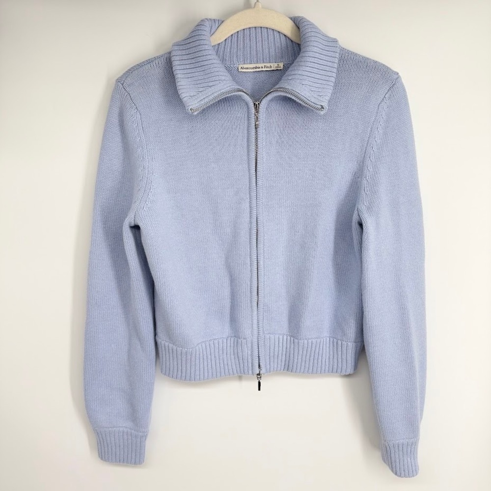 NEW Abercrombie & Fitch Double Zip Sweater Size S Light Blue Ribbed Knit Cropped
